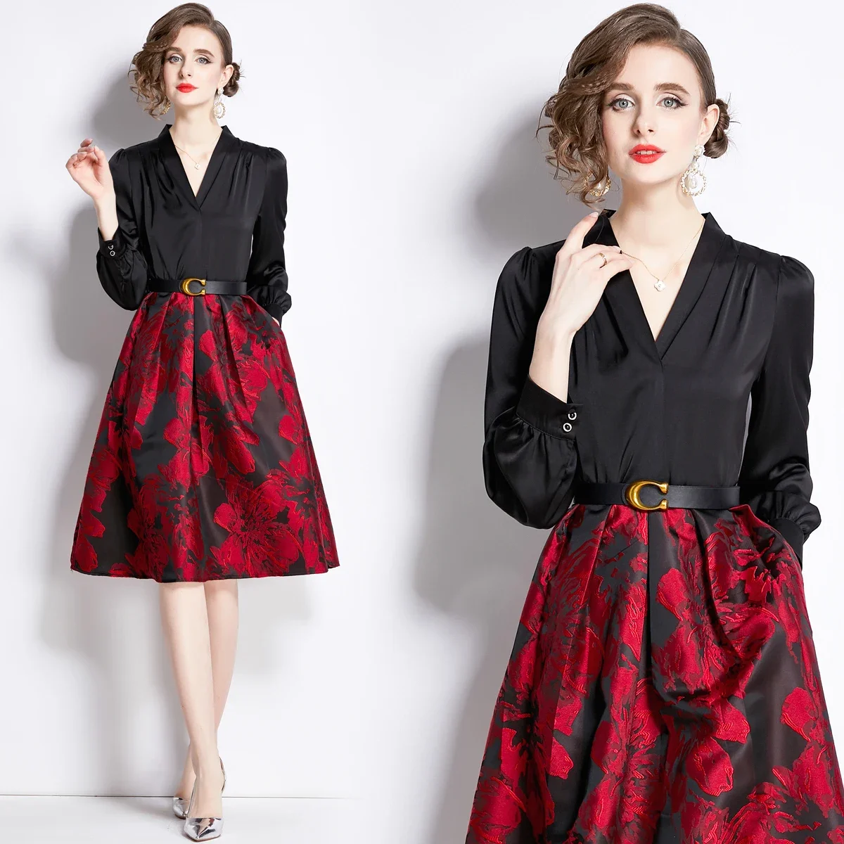 

2024 Spring/Summer Elegant Business Print Long Sleeve V-neck Waist Slim-fit Lace-up Jacquard A-line Dress with Belt
