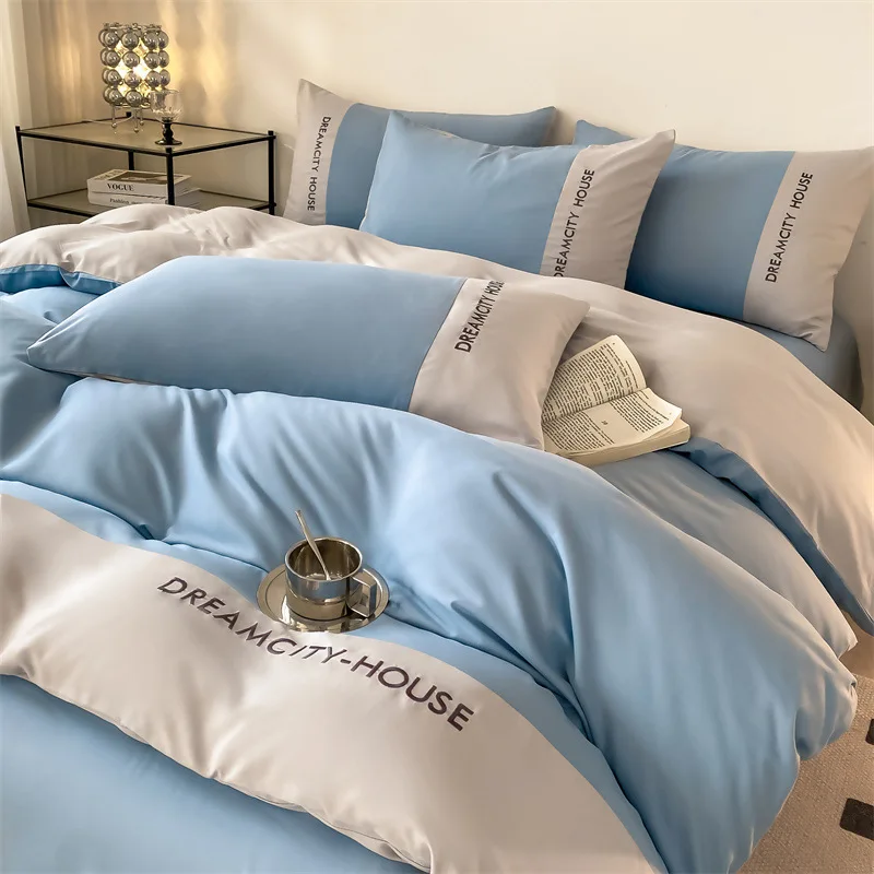 

Double Color Matching Bed Linen Set Double Stitch Embroidery Duvet Cover Bedding Set Luxury Queen King Double Bed Comforter Set