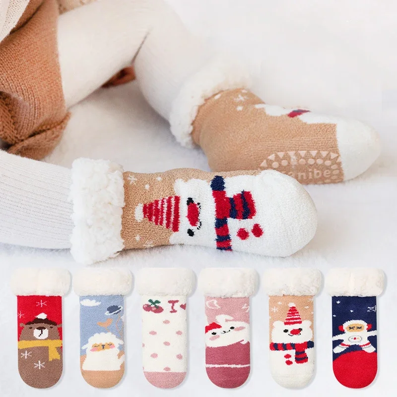 Cute Baby Warm Anti-slip Christmas Long Slippers Winter Thicken Wool White Thermal Floor Socks for Infants Boys Girl Accessories