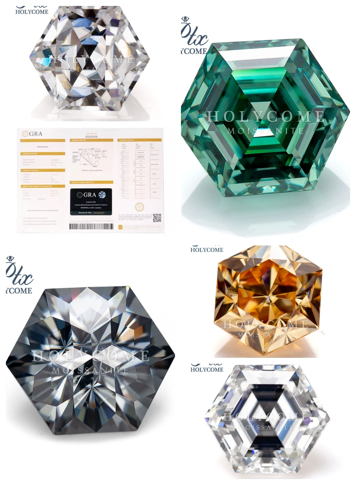 

4x4-9.5x9.5mm Holycome GRA Certificated Natural Color VVS1 Hexagon Cut Moissanite Diamond Test Positive Moissanite Factory