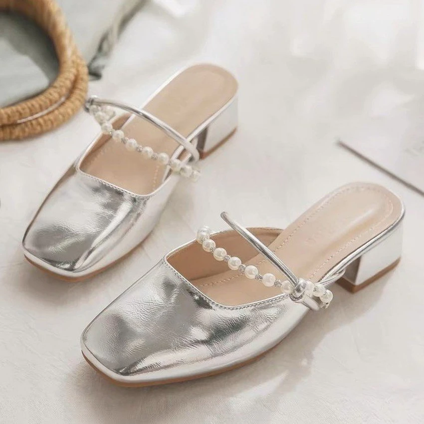 Sandals Women Caput Quadratum Chunky Med High Heels Flip Flops Slingback Casual Candy Skidproof Beach Shoes For Women Fashion