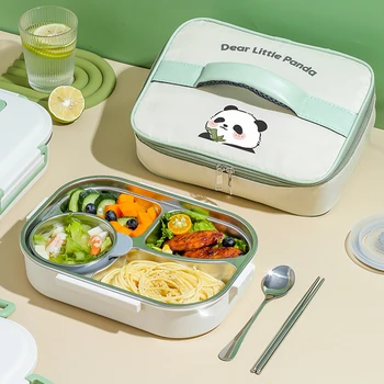 Stainless Steel Thermal Lunch Box Microwave Safe 2/4/5 Grids with Cutlery Set Panda for Adults Kids for Children School Picnic 1