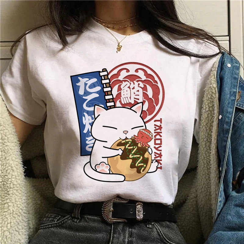 

Personalized Short Sleeve Summer New Women's Fashion Casual T-shirt Clothing Women's Cat Print Pattern Loose White T-shirt.
