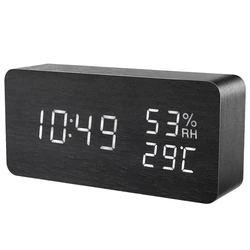 LED Wooden Alarm Clock with Voice Control, USB/AAA Powered, Digital Desktop Timepiece (Black)