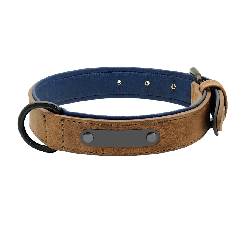 A stylish brown leather Adjustable Leather Dog Collar for Small to Large Dogs with a dark metal nameplate and buckle, featuring a blue interior and multiple adjustment holes. Made from durable leather material by The Stuff Box, it offers both durability and elegance for your canine companion.