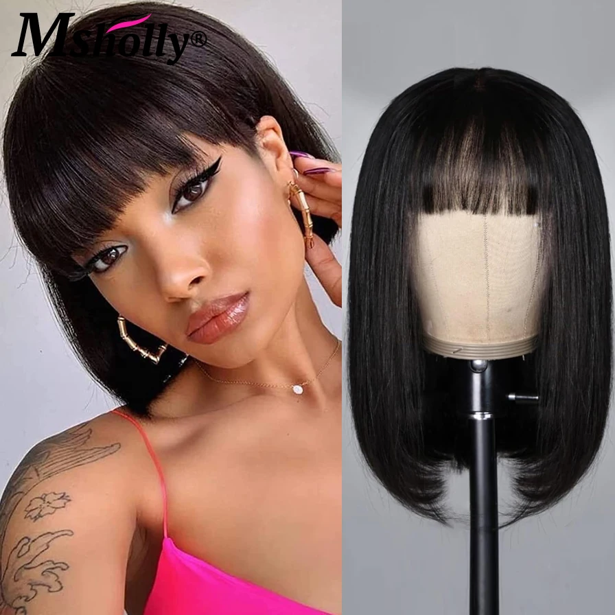 

Short Straight Bob With Bangs Human Hair Wigs Ready To Wear Full Machine Made Natural Hairline Brazilian Remy Wig For Women