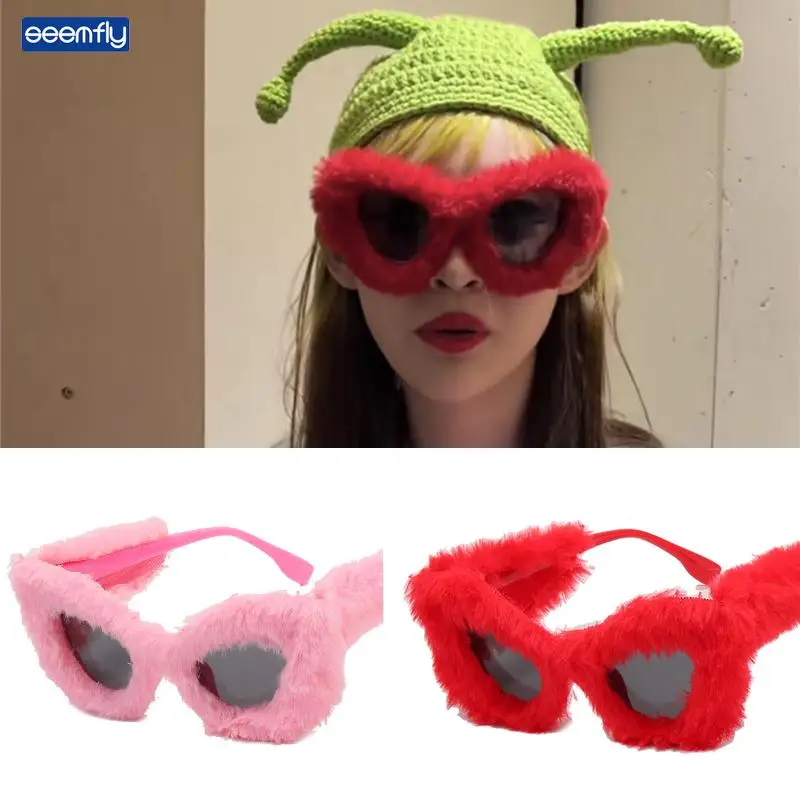 

Seemfly Ladies Cat Eye Sunglasses Soft Fur Velvet Plush Personalized Decorative Glasses Women Fashion Colorful Sun Glasses Gift