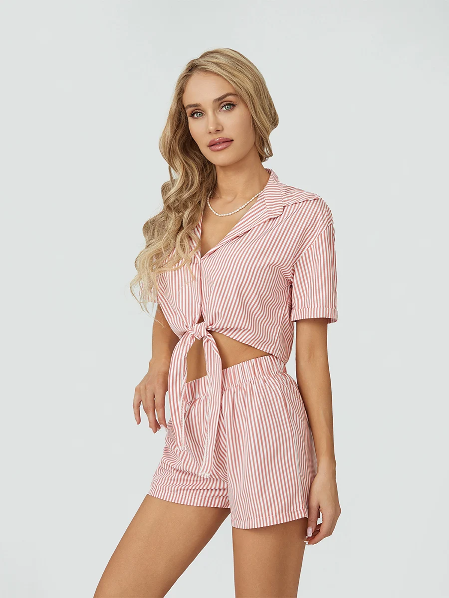 

Womens Button Down Pyjamas Set Stripe Front Tie Knot Short Sleeve Shirts and Shorts Sleepwear Sets 2 Piece Loungewear