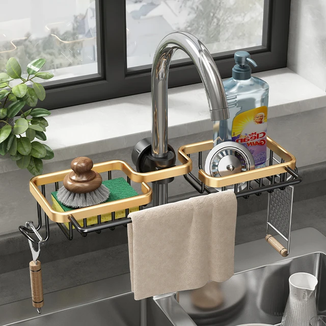 Faucet Sponge Holder Kitchen Sink Caddy Organizer Over Faucet Hanging Faucet  Drain Rack for Sink Organizer,Black Gold 
