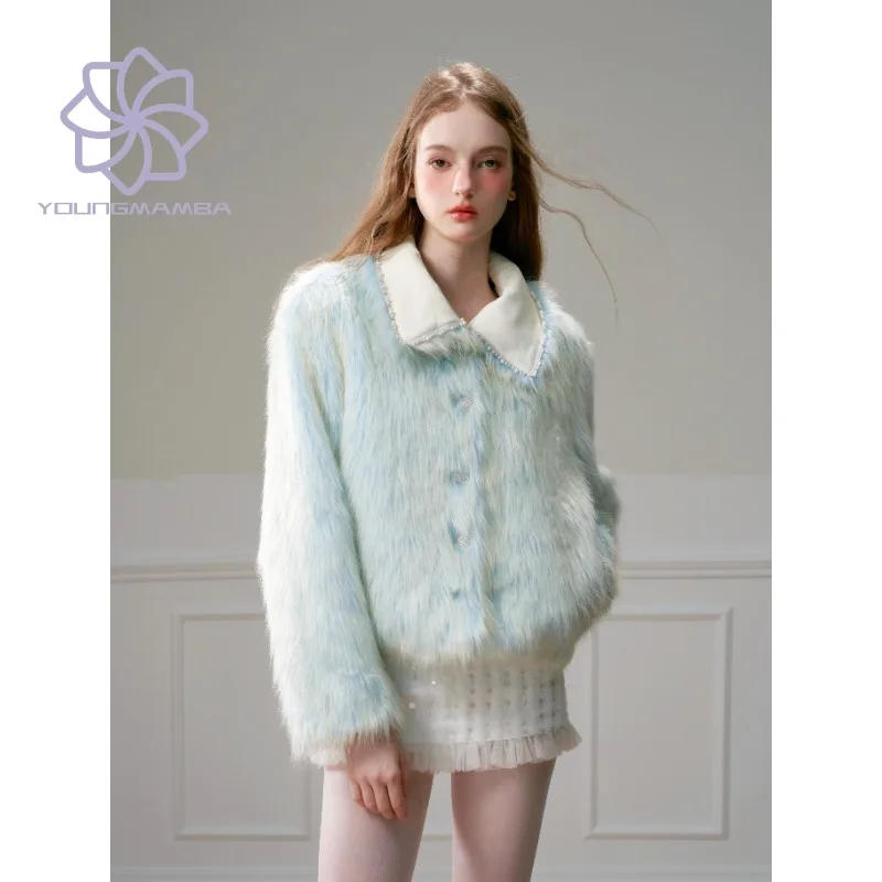 

2023 Autumn Winter High Street Gradient Blue Jackets for Women Korean Fashion Warm Fur High Collar Coats