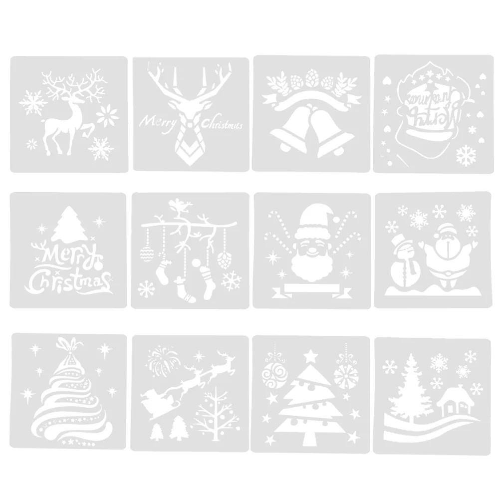 12Pcs Christmas Stencils Template, DIY Craft Drawing Stencil, Hollow Santa Elk Stencils Painting Templates Tools Journal