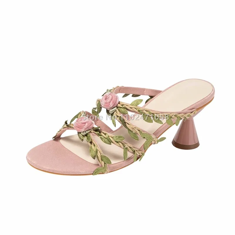 

Retro Paris Rose Women Sandals Romantic Vines and Flowers Decor Fairy Hight Heesl Round Toe Thin Heels Party Summer Slippers