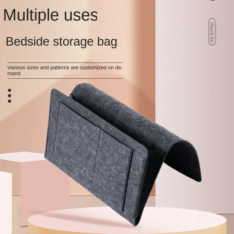 Lot de 2 boîtes de chevet en feutre à 5 poches - Sac de rangement de lit épais avec trous pour câbles pour téléphone, télécommande, magazine (beige