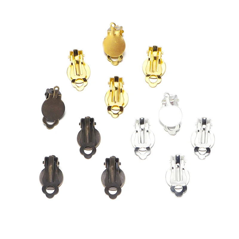 Ear clip 50pcs/lot 10mm Kirsite Round Flat Ear Clip Base Cabochon Bezel Tray For Non Piercing Earrings Accessories