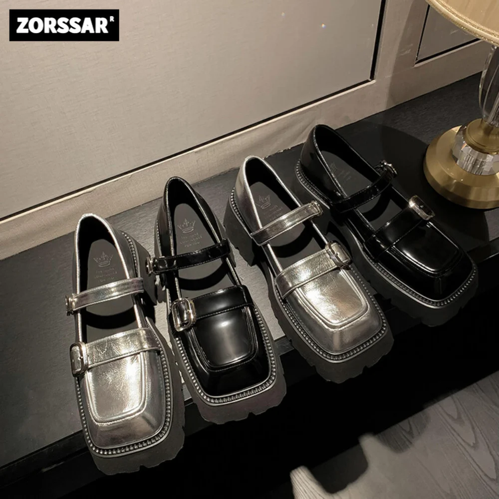 

2023 Cow leather Women's Mary Jane shoes Summer shoes Platform Pumps Square toe Double Buckle Street style Young lady High heels