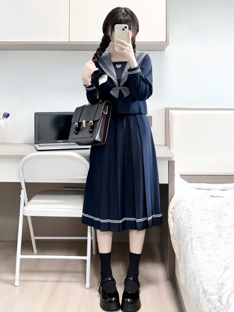 New Japanese Lolita Style Summer And Autumn Campus Skirt Top Sets JK Uniform Navy Dark Skirts Stripe Pleated Soft Outfits Female