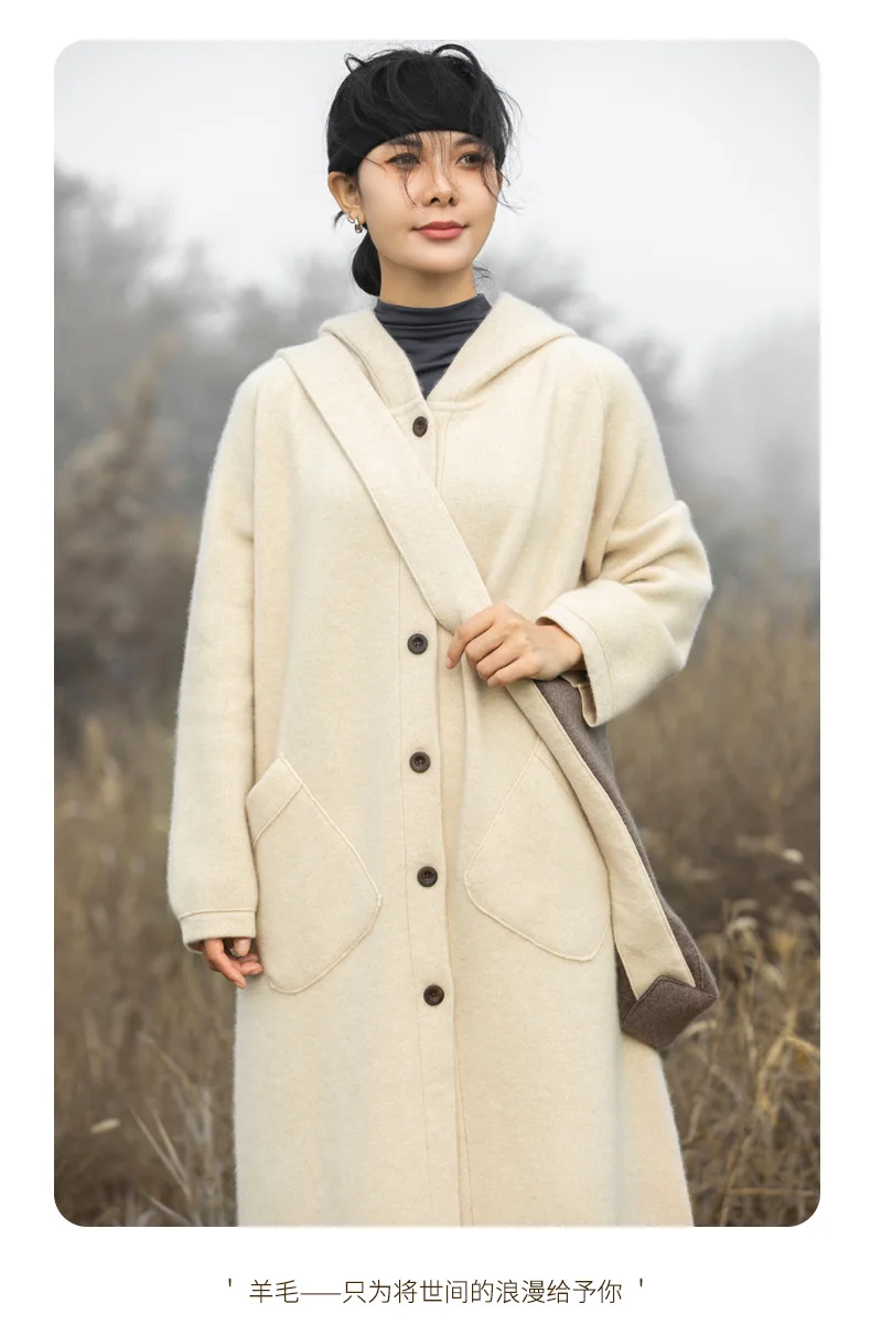 Pure Wool Coat Women's Loose Long Knee-Length Hooded Double-Sided Cashmere Medium Long Pocket Woolen Coat