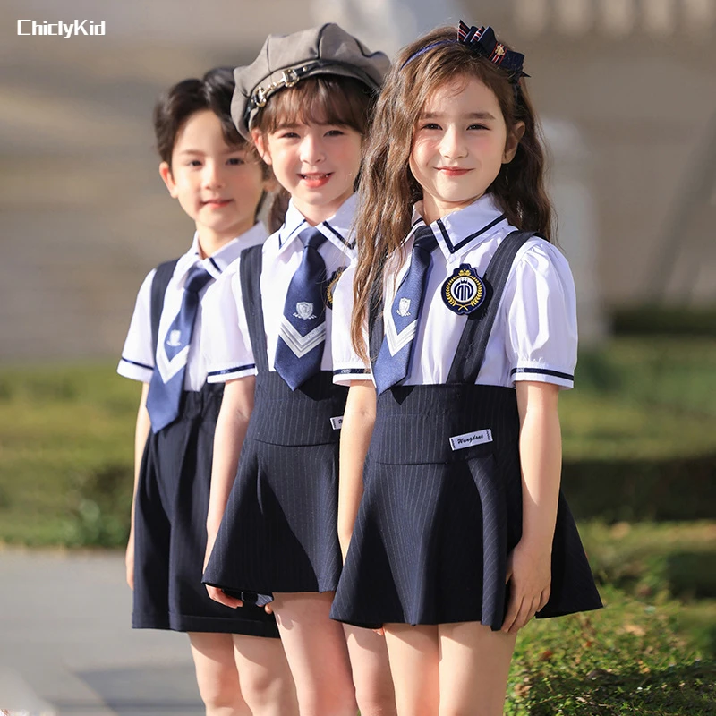 

Child Summer School Uniform Girls Korean Blouse Suspender Skirt Boys Short Sleeve Shirt Overalls Shorts Kids Student Clothes Set
