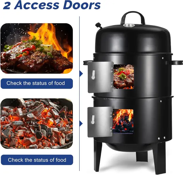 16.5 Inch Charcoal Smoker Grill with Thermometer, 3-in-1 Portable Vertical Smoker, Black 2