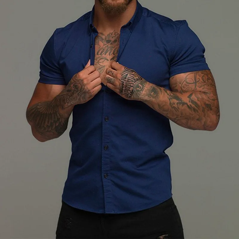 Muscle Men Fitness Sports Leisure Elastic Shirt Solid Lapel Button Business Streetwear Fashion Trend Summer New Short Sleeve Top