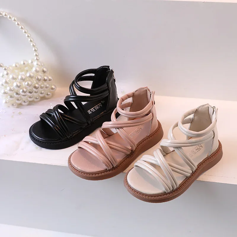 

Zapatos Niña Children Roman Sandals Open Toe Solid Princess Shoes High Top Zipper Girls Shoes Hollow Out Breathable Flat Sandals