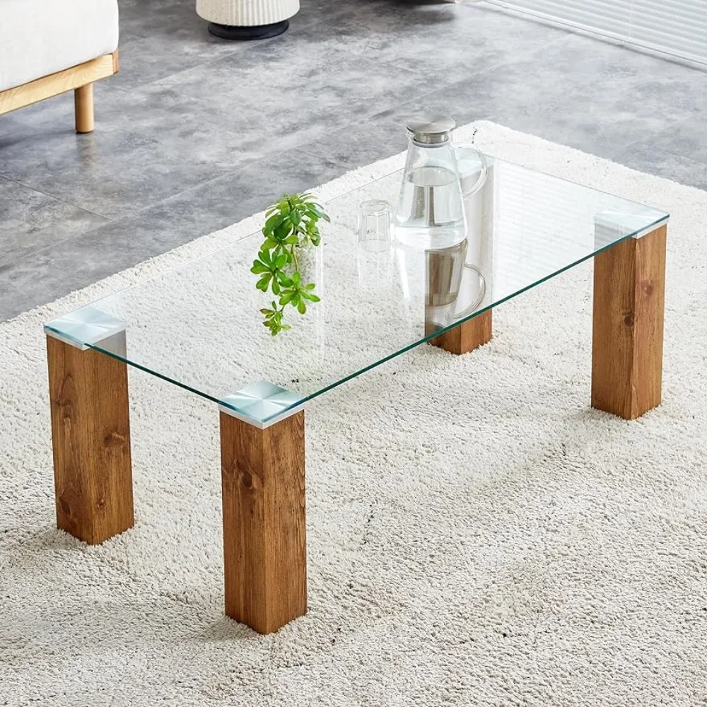 

44" Modern Wood and Glass Top Coffee Table Rectangle Tea Table With Wood Leg for Living RoomFreight Free