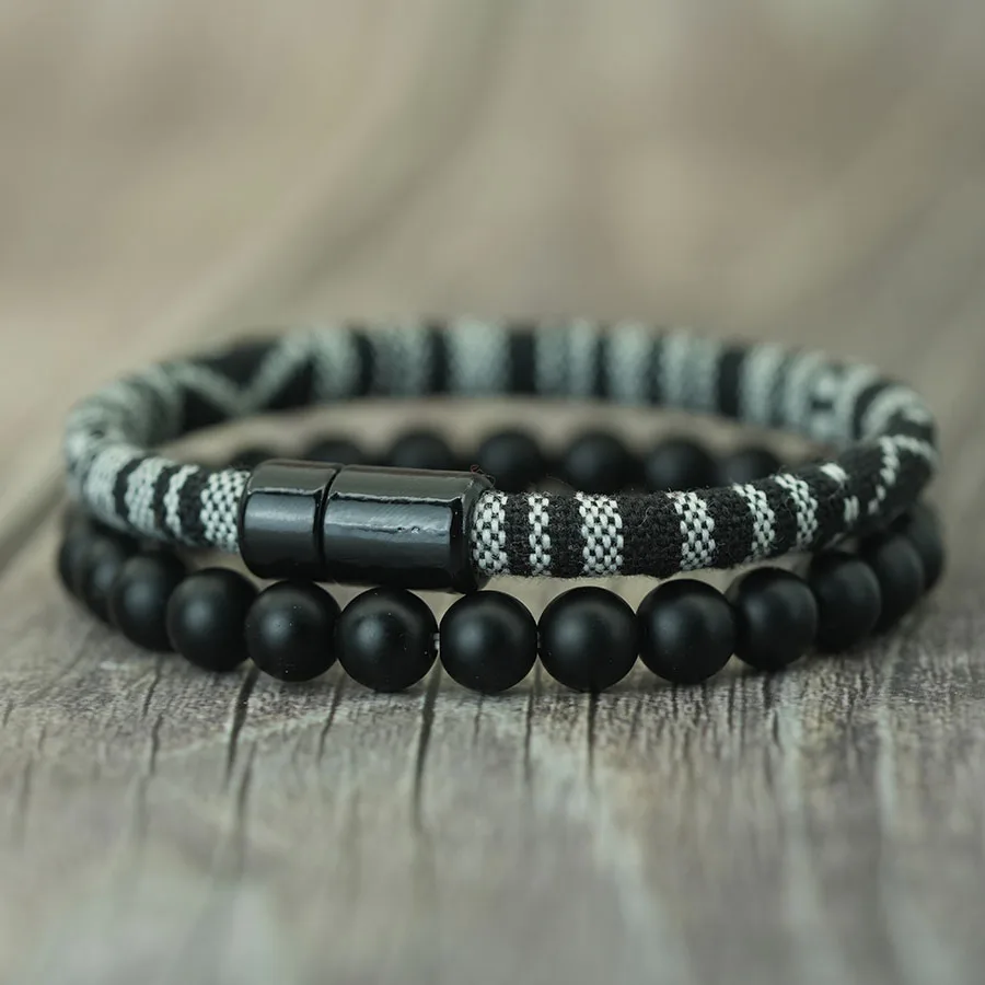 Handmade Men Ethnic Fabric Onyx Stone Meditation Bracelet