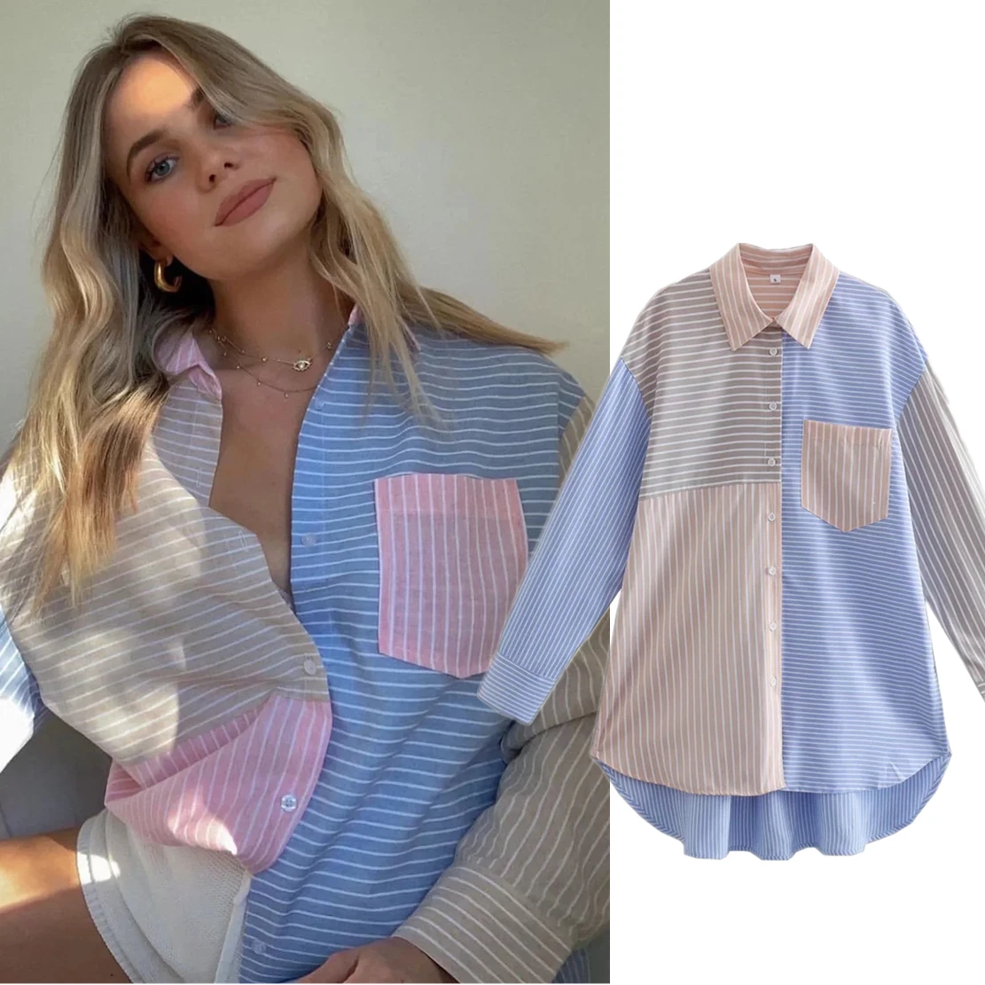 

Elmsk 2023 Ins Fashion Blogger High Street Patchwork Striped Loose Boyfriend Blouse Women Vintage Shirt Tops