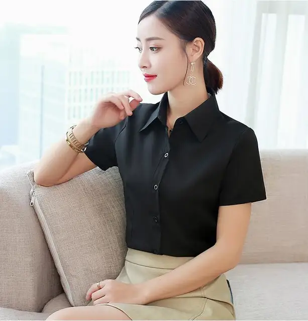 Shirt Women Summer Tops Button Up Shirts Korean Work Blouses Short Sleeve Lapel Slim Office Blouse White Top Blusas De Mujer Black