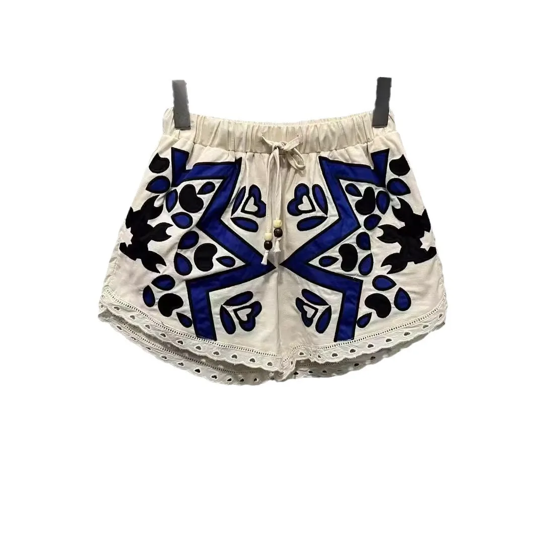 Women's Summer Lace Cutout Shorts 2024 New Elegant Woman Slim High Waist Printing Color Contrast Drawstring Wide Leg Hot Pants