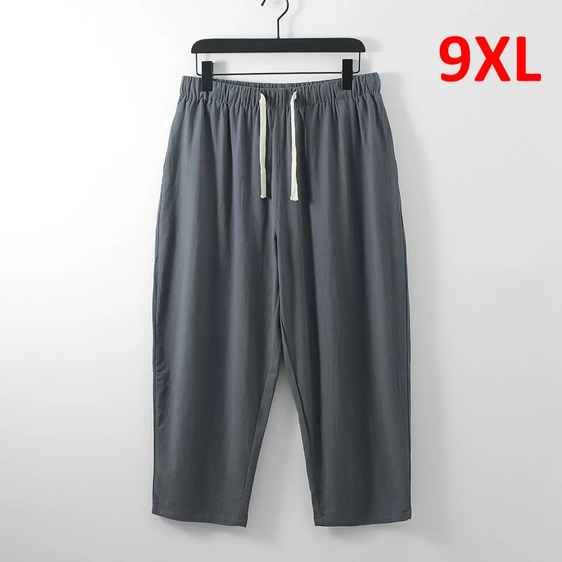 Plus Size 8XL 9XL Pants Summer Solid Color Linen Pants Men Fashion Casual Linen Ankle-Length Pants Loose Sweatpants Male