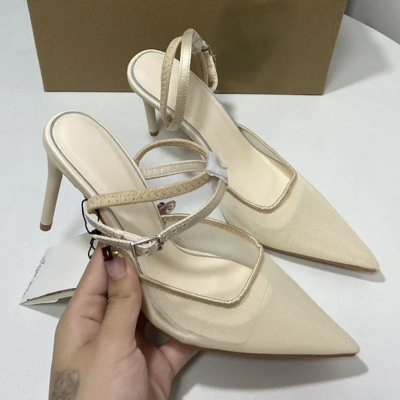 Women High Heeled Sandals Summer Fashion Mesh Elegant Pointed Toe Slingback Stilettos New Designer Ladies Dress Shoes