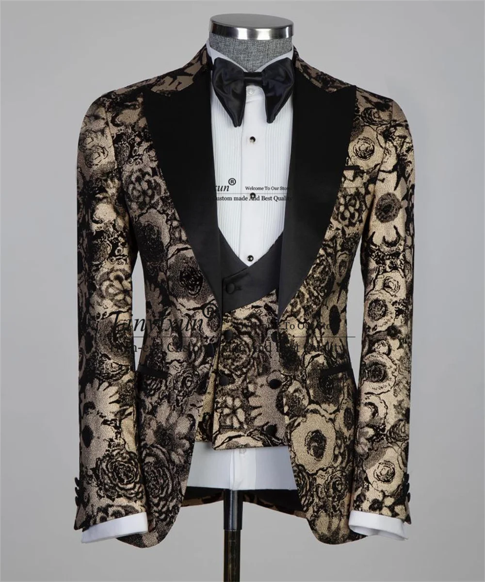 Fashion Jacquard Men Suits Notched Lapel Groom Wedding Tuxedos Male Prom Blazers Vest Pants Outfit 3 Pieces Sets Costume Homme