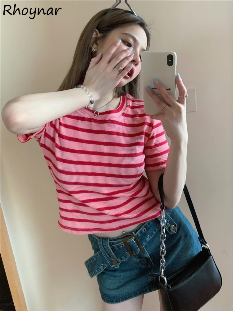 

Striped Short Sleeve T-shirts for Women Harajuku Summer Tops Students Elegant Cute Sexy Girlish Hipster Stylish Fashion Korean