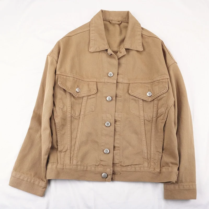 

2023 Spring Fashion Khaki Denim Jacket Women Loose Short Student Outerwear Chaqueta Mujer Pocket Long Sleeve Jeans Jacket Female