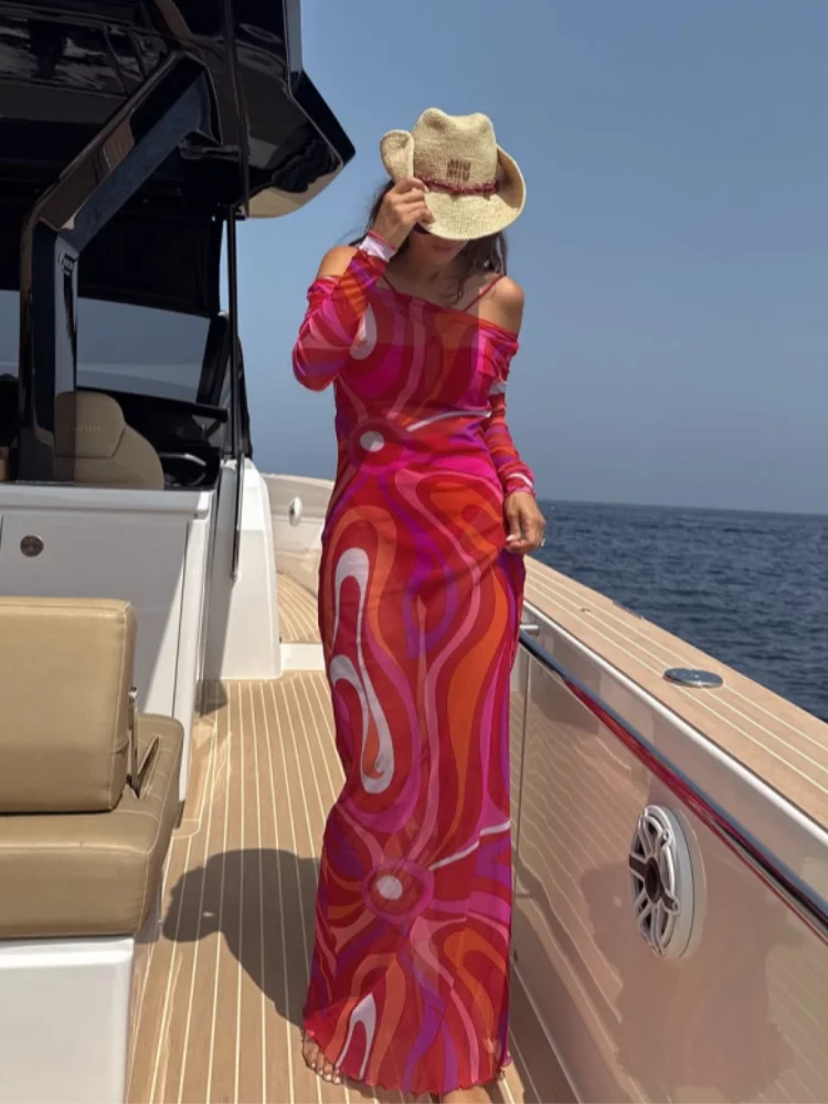 2025 New Fashion Print Beach Long Dress Summer Women Spaghetti Strap Dress  Long Sleeve O-Neck Dresses Summer New Lady Robes - AliExpress 200000345