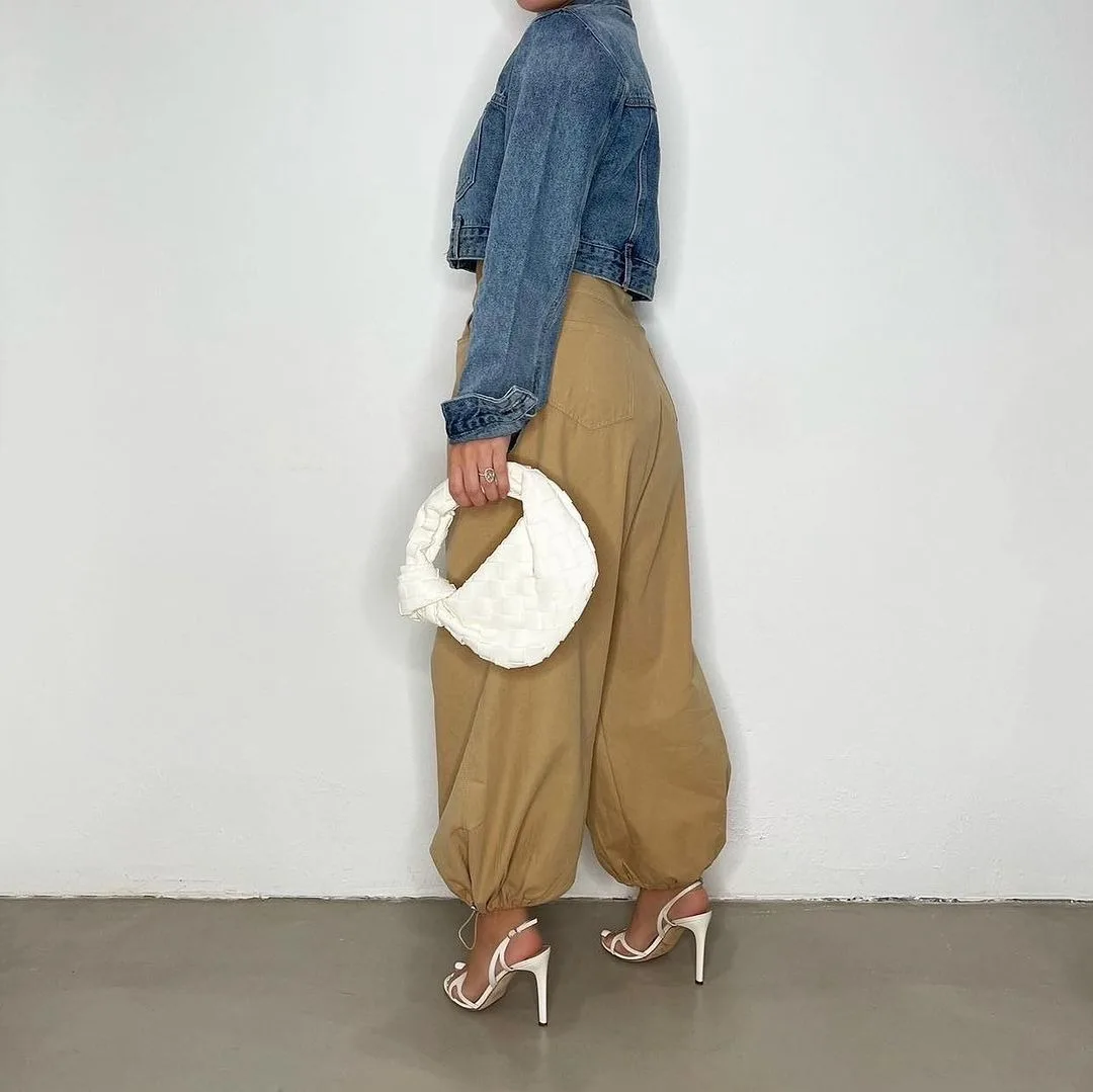 BKLD Summer New Y2k Clothes Women Streetwear Solid Color Cotton High Waist Trousers Drawstring Leg Hem Bloomers Lantern Pants