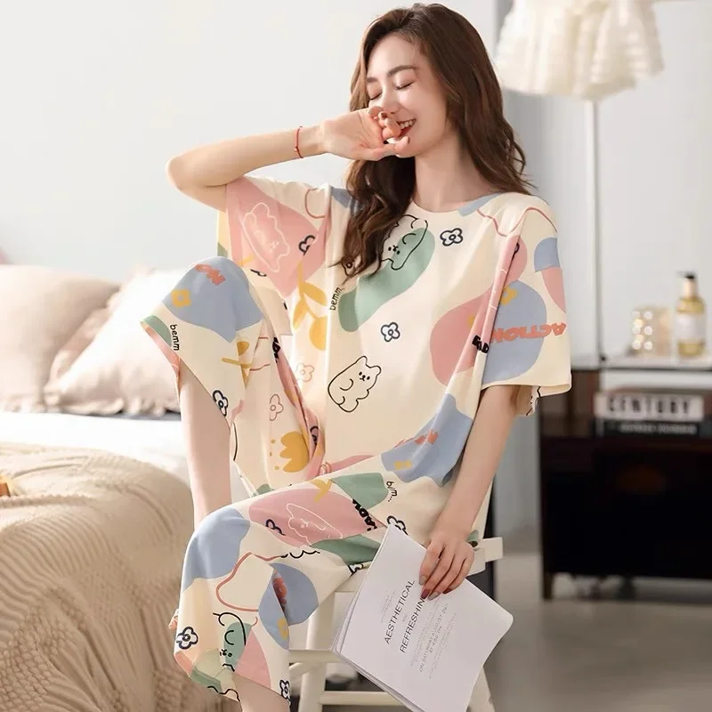 Women Summer Short Sleeve Printed Round Neck Pullover Pajama Set Plus Size Comfortable Home Clothing Sleeping women pajamas set women pajama suit cotton pajamas set