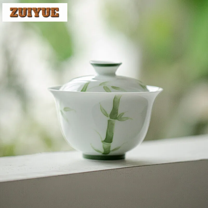 130ml Jade Mud Handmade Cover Bowl Household Hand-painted Green Bamboo Gaiwan Luxury Anti Scald Tea Tureen Tea Making Craft Gift