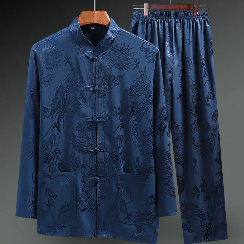 Men Silk Satin Shirt Chinese Traditional Tang Suit Smooth Men Dragon Print Shirt Business Chemise Homme Casual Kong Fu Shirts chinese men hanfu top