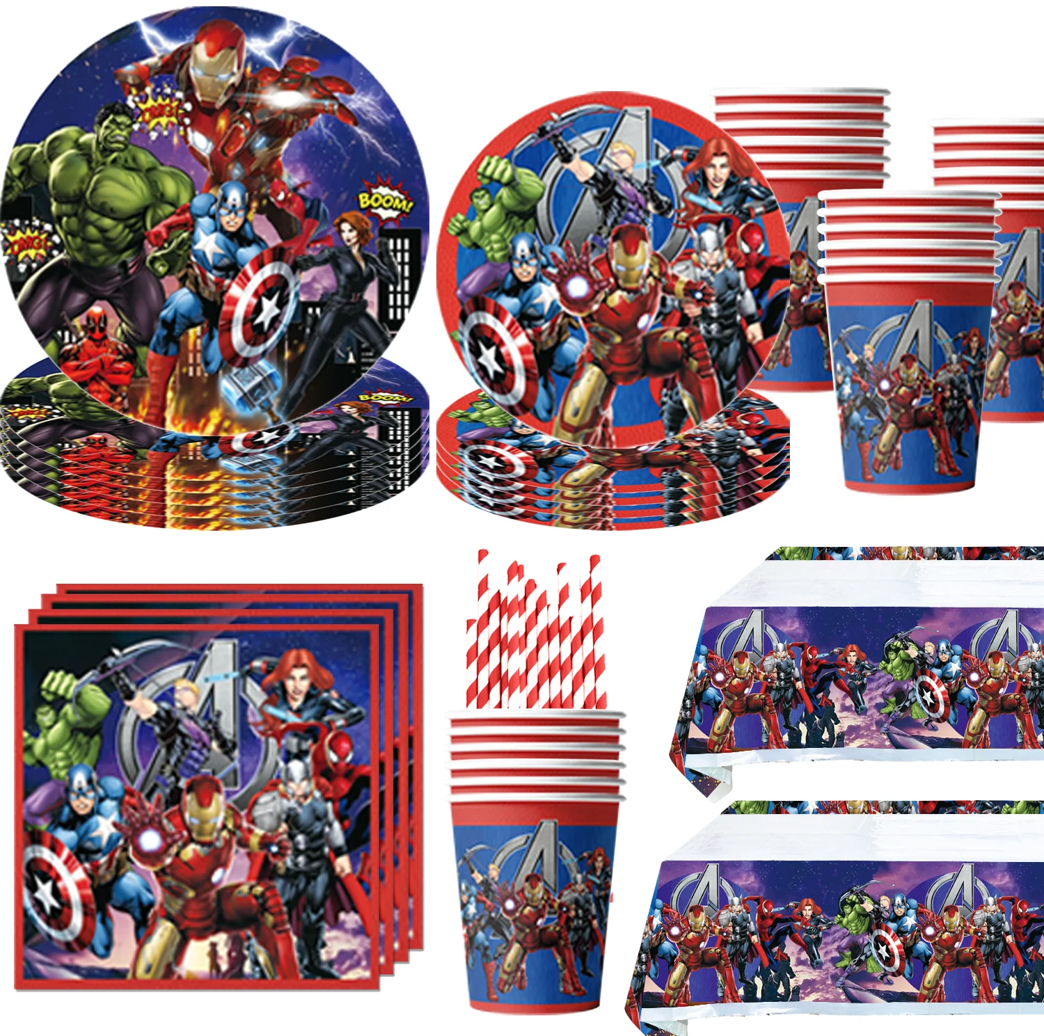 hot avenger themed tableware set paper plates cups napkins superhero party decorations baby shower boys birthday party supplies Disney Avengers Boys Birthday Party Decoration Superhero Balloon Tablecloth Plates Cups Baby Shower Party Supplies