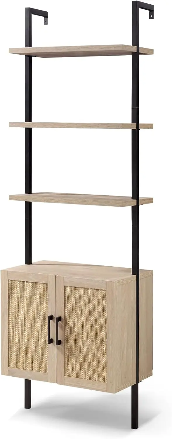 Tier Bookshelf with Rattan Cabinet, 73" Tall Bookshelf with Oak Wood Mount Bookshelves Steel Frame Pl