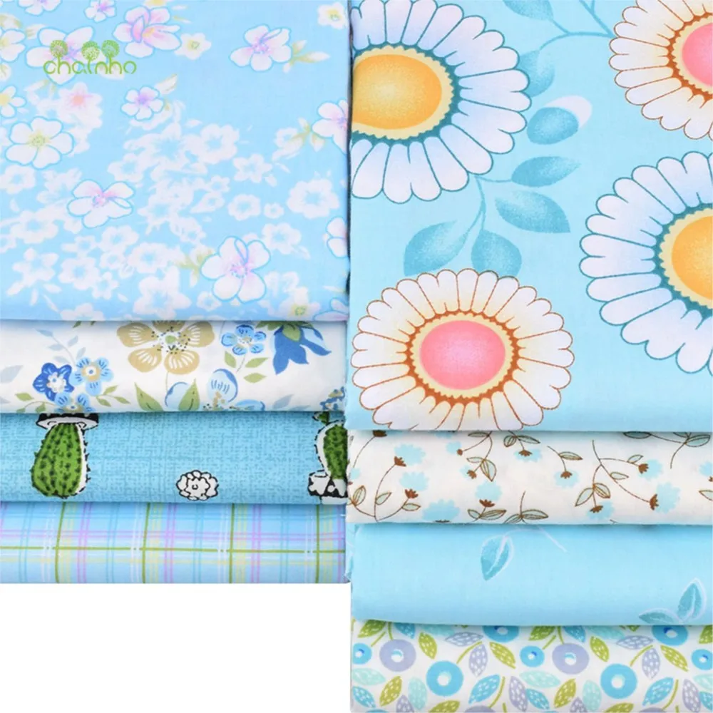 Chainho,Printed Twill Weave Cotton Fabric,DIY Quilting Sewing Material,Patchwork Cloth,Blue FLoral Series,8 Designs,2 Size,CC289