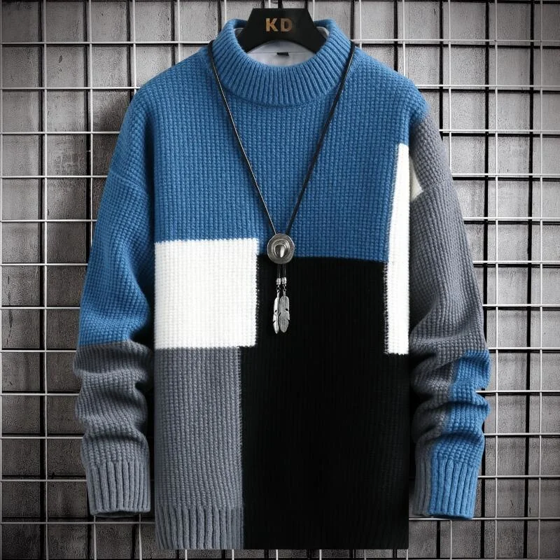 

Красивый новый зимний свитер с высоким воротником в стиле пэчворк, мужские высококачественные удобные кашемировые свитера, плотный теплый мужской Рождественский пуловер