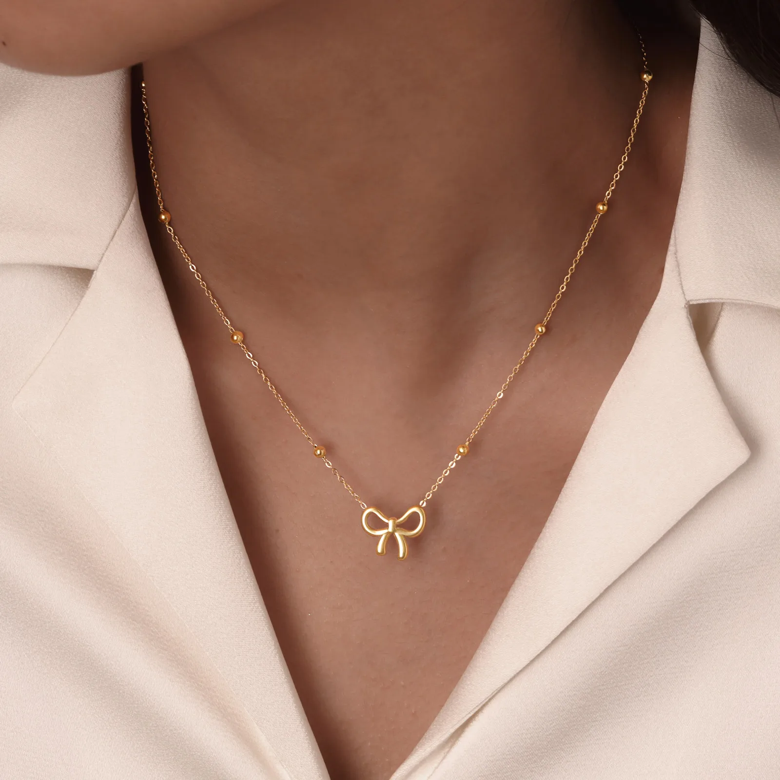 Edelstahl Schmuck Frauen Halsketten Perlen Kette Hohl Bowknot Anhänger Halskette Für Mama Freundin Valentinstag Geschenk – Detail 5