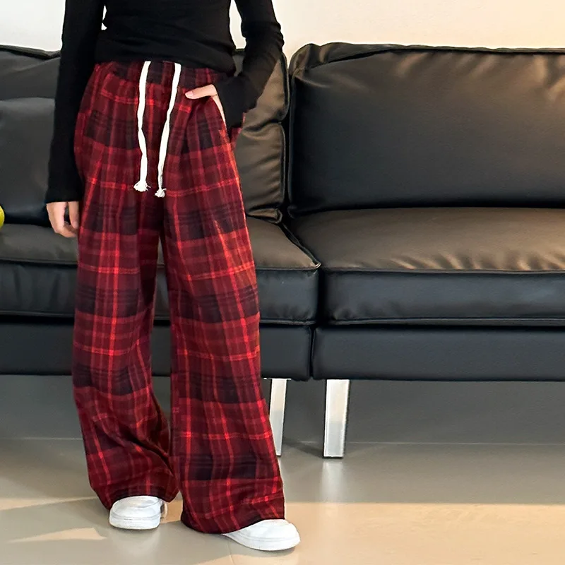 Pantaloni Per Ragazze Vintage Red Plaid 2023 Autunno Nuovi Bambini Stile Americano Spice Girls Pantaloni Lunghi Causali Dritti In Vita Larga