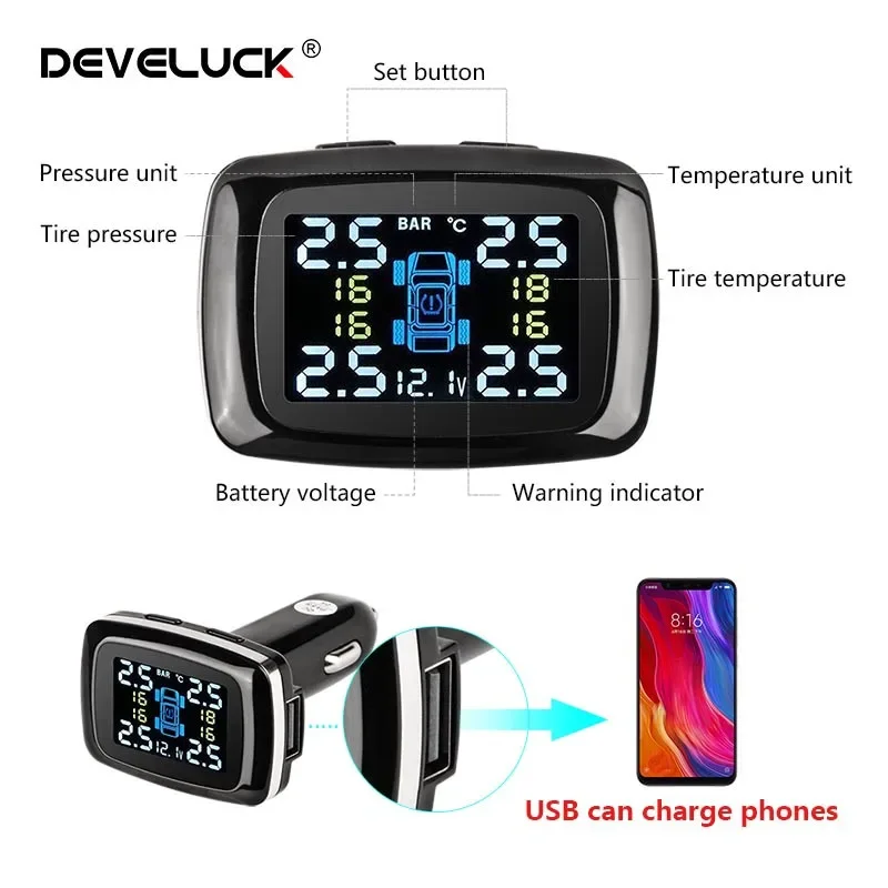Develuck ڵ TPMS  , USB Ʈ  溸,  Ÿ̾ з ͸ ý, IP68  