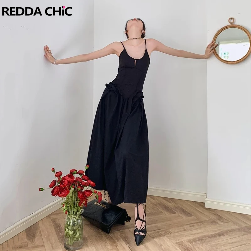 

REDDACHiC Hollow-out Cami Dress for Women Sleeveless Open Back Ruffle Frill Trim Puffy Long Dress Pretty Elegant One-piece Dress