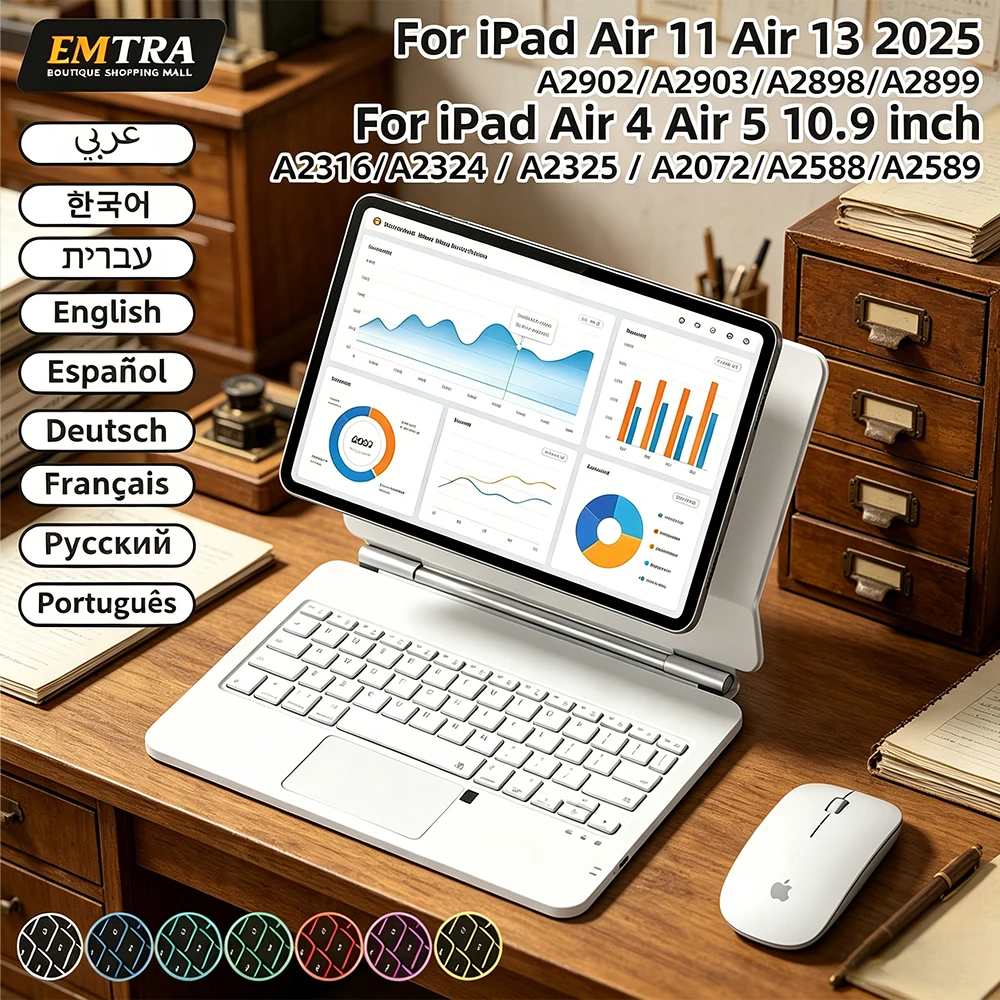 iPad 10세대용 매직 키보드, iPad 13/12.9/11/10.9/8.3인치용 마그네틱 스마트 케이스, 터치패드, 백라이트 블루투스 키보드, 스페인어