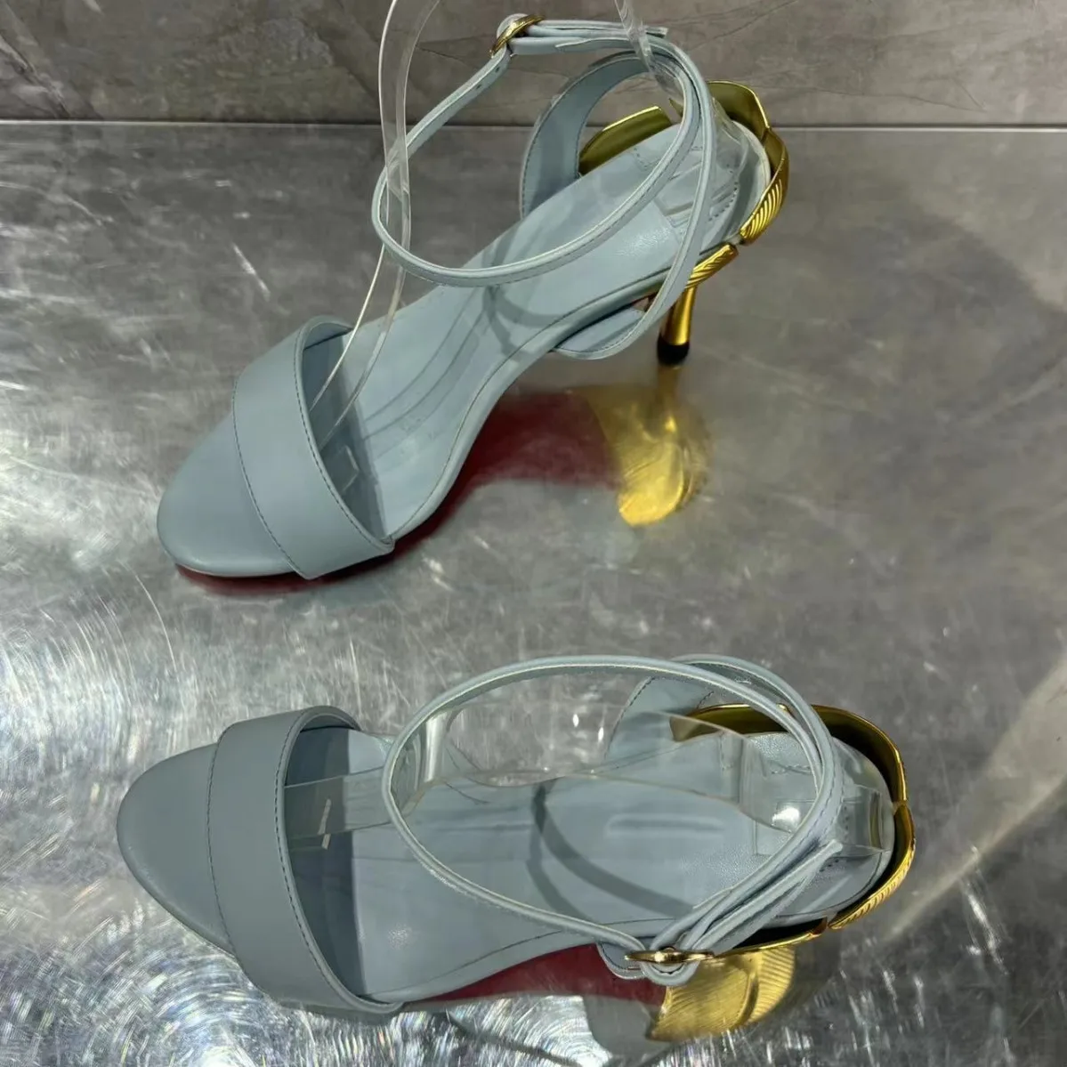 European and American Fashion Bright Colored Irregular Heels with Thin Straps, Women's High Heels, Sandals, Metal Heels